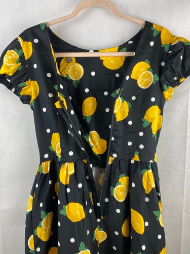 Collectif Dress UK 10 S Demira Polka Dot Swing Lemons Black w/ Pockets - Picture 11 of 18