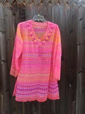 Bright Pink, Orange Beach Swimsuit Cover Tunic Style Embroidery One Size NWT