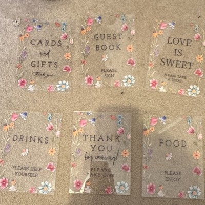 Acrylic Floral   Table Signs Set of 6 with Holders, Reusable, Clear