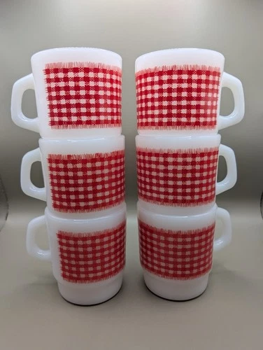 6 Vintage FIRE KING Gingham Plaid Mugs Cups RED Milk Glass Stackable