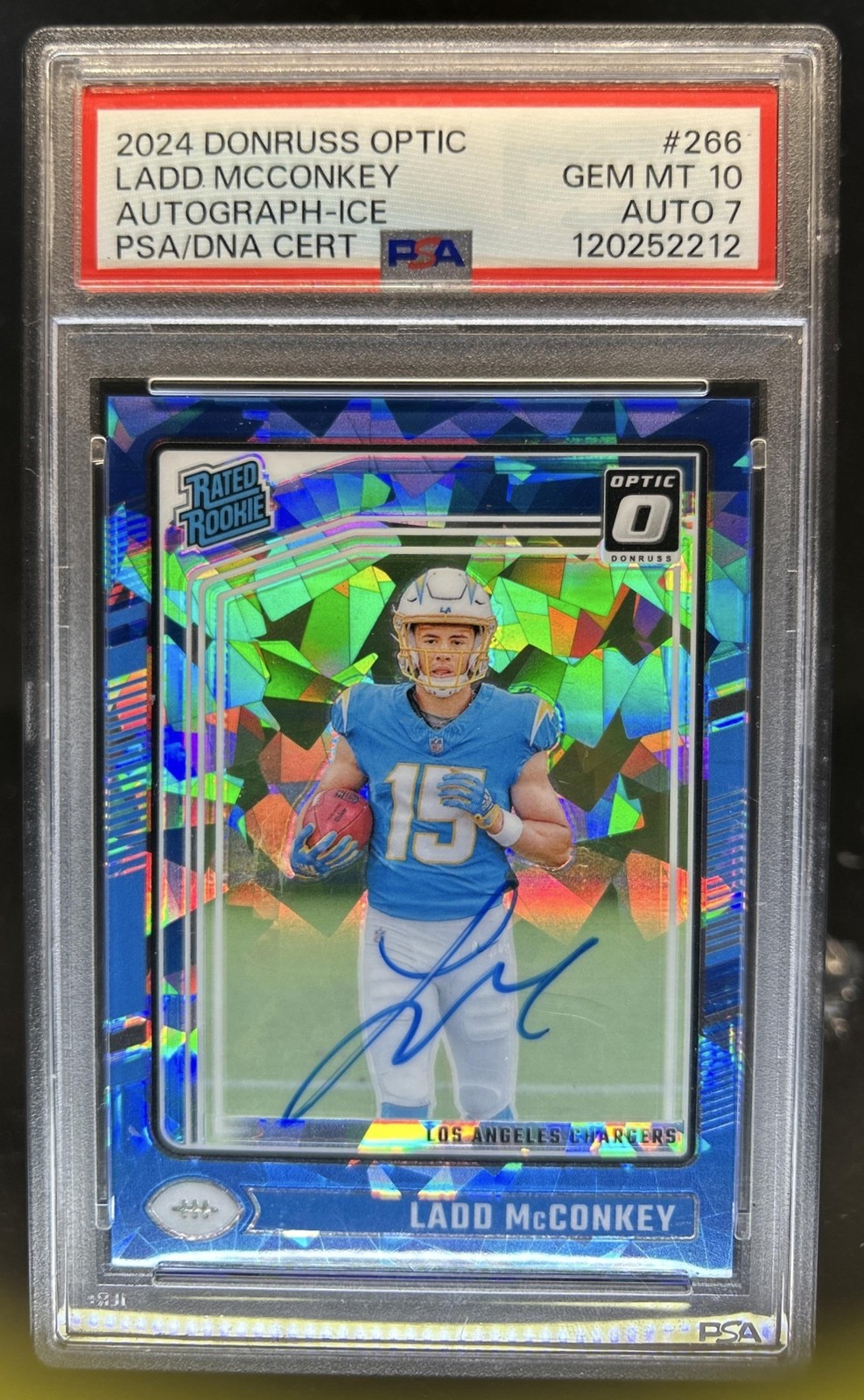 2024 Panini Donruss Optic Ladd McConkey Rated Rookie RPS Auto Ice #/15 PSA 10