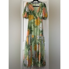 Bohme Tropical Floral Midi Dress Green Puff Sleeve Boho XS