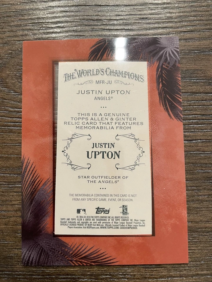 2018 Topps Allen & Ginter #MFR-JU Justin Upton Framed Mini Relics - Image 2 of 2