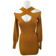 Love Always Brown Rib Knit Cutout Keyhole Long Sleeve Mini Sweater Dress Size M