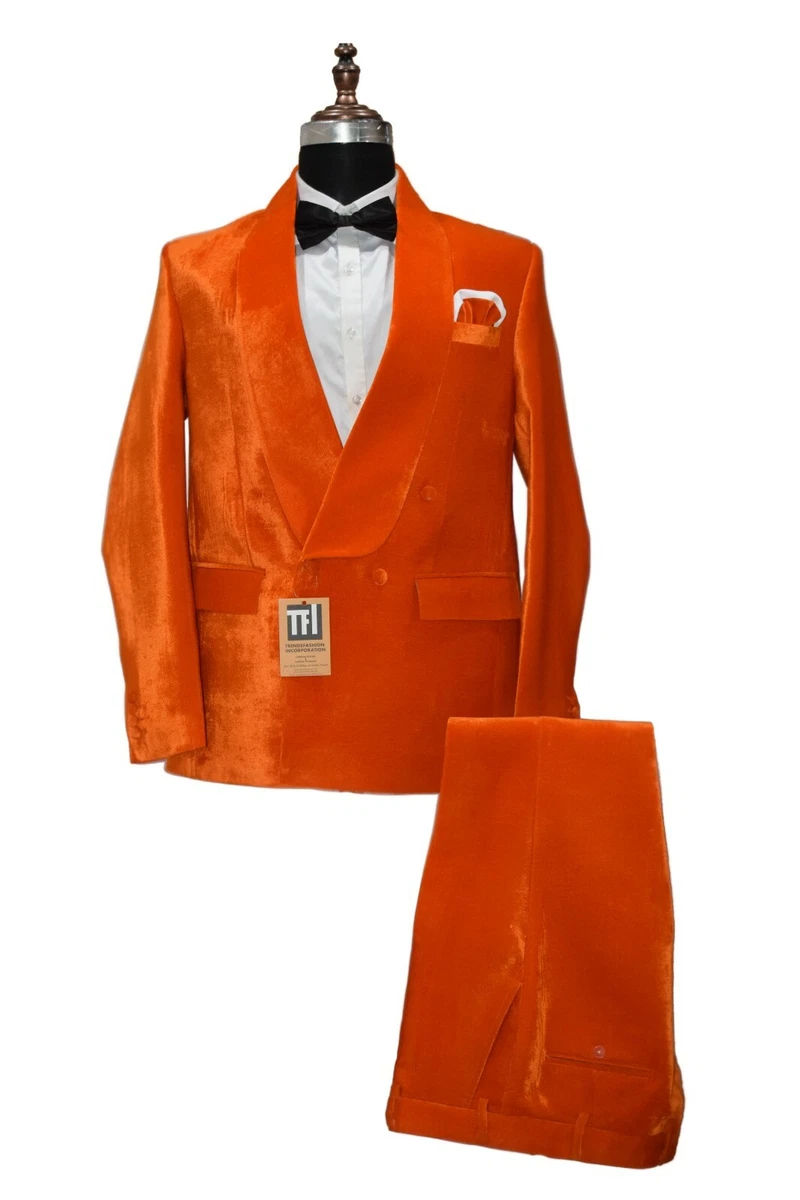 Men Orange Velvet Suits Designer Wedding Stylish Dinner Suits Coat Pant
