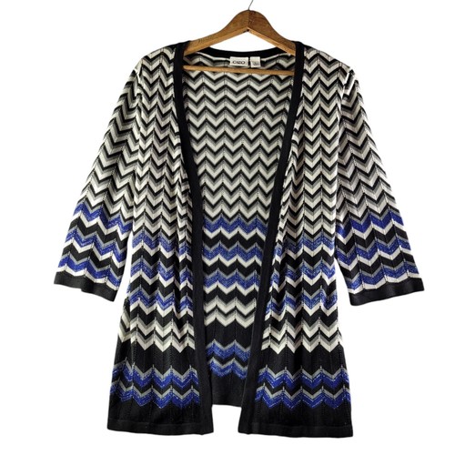 Cato Open Front Cardigan Lightweight Chevron Blue Black Silver Women's Sz L