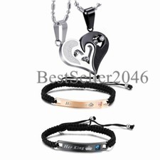 4Pcs Couple Heart His Queen Her King Necklace Bracelets Matching Set Lovers Gift