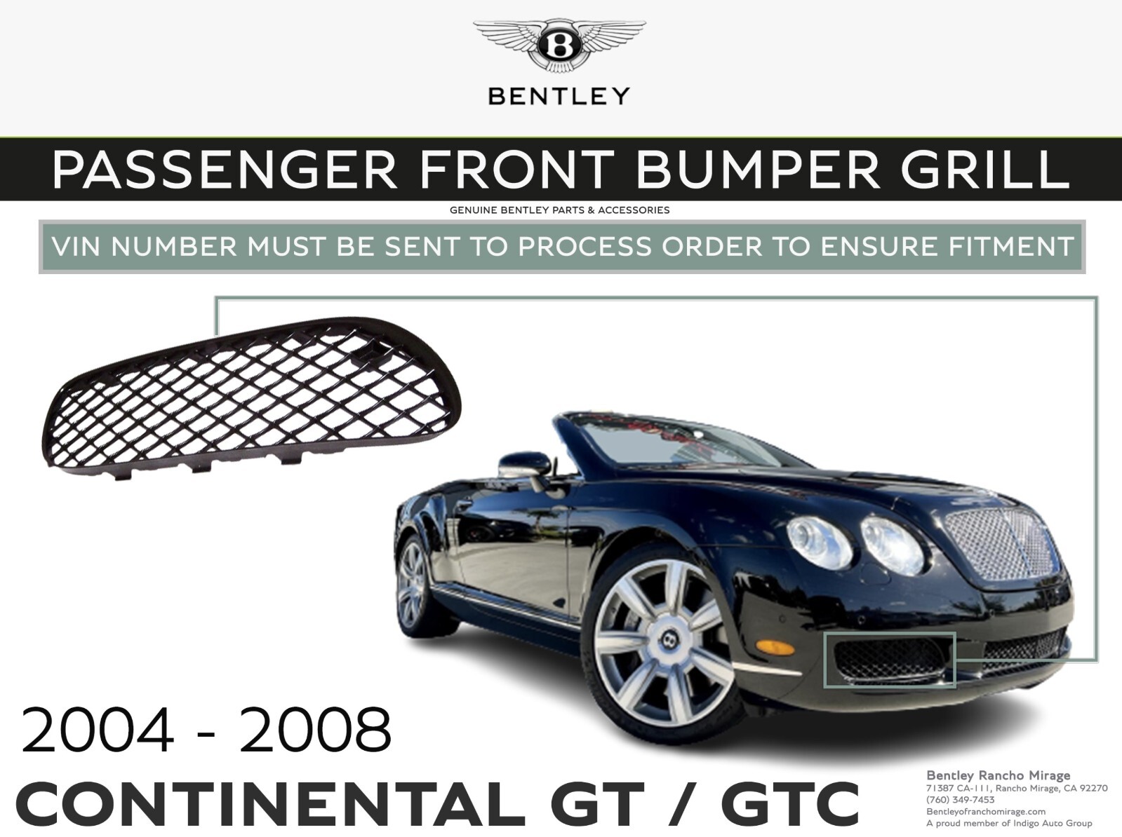 2004-2008 Bentley Continental Gt & Gtc Front Right Bumper Grill 3W8807682C