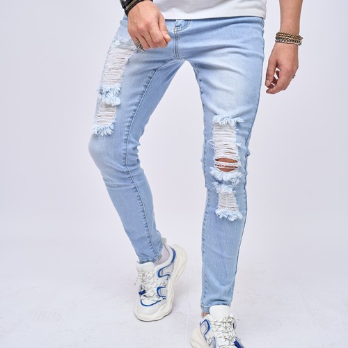 Freizeit Denim mit Löchern schmale Passform kleine Fußstretchjeans Herren einfarbige Hose - Bild 3 von 5