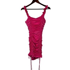 LULUs Dress Womens Small Flirt Alert Hot Pink Ruched Bodycon Mini ruffle Barbie