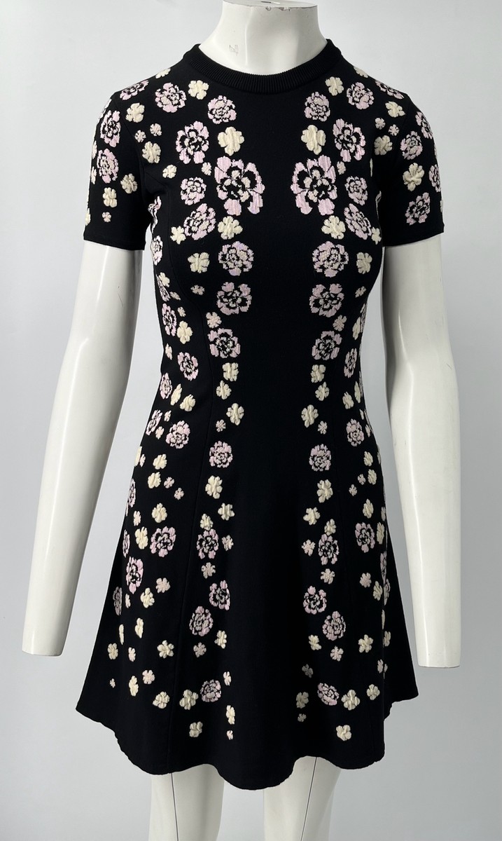 Kenzo Black Floral Embroidered Short Sleeve Stretch Knit