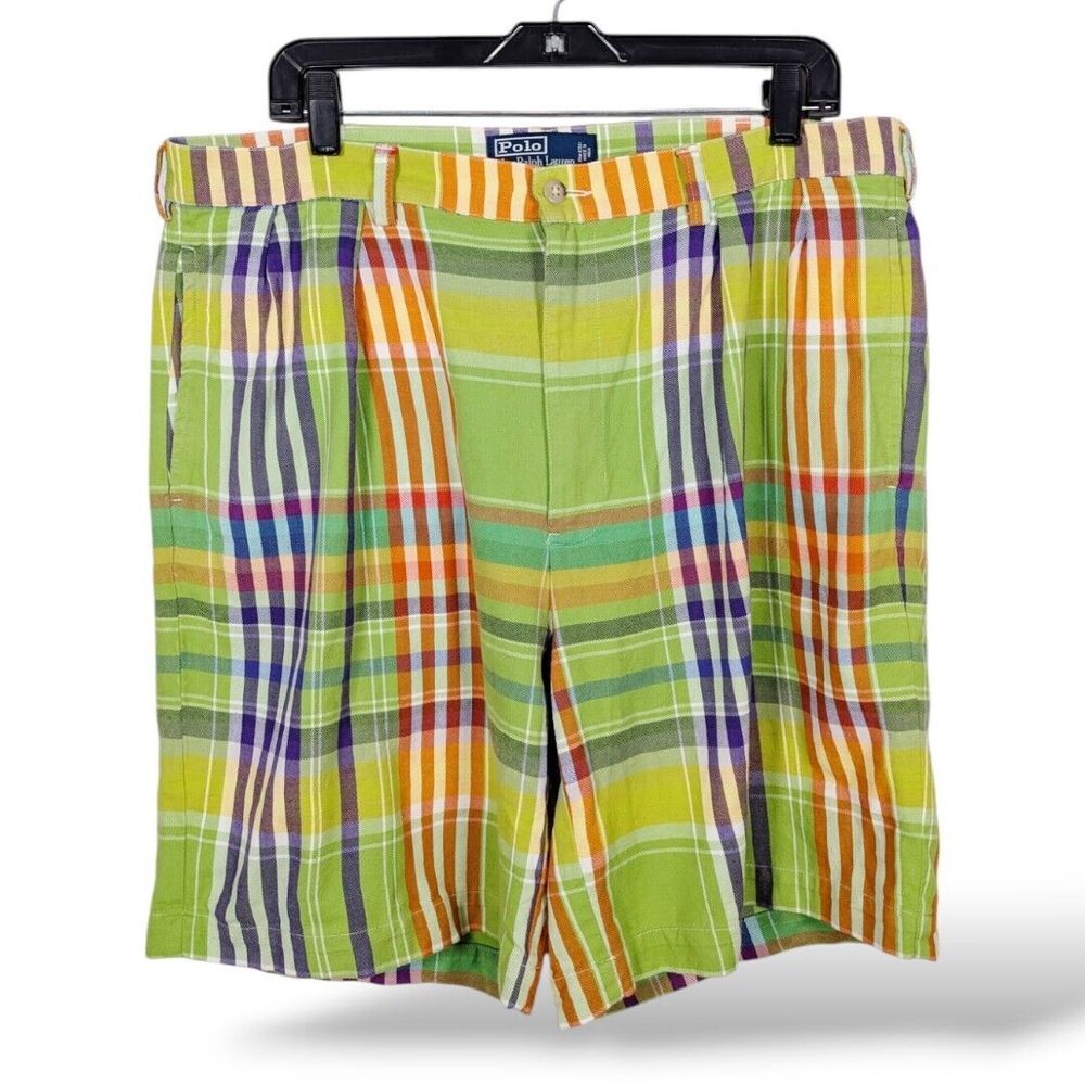 Vintage Polo Ralph Lauren Tyler Shorts 38 Green Plaid  Pleated Front Preppy Punk