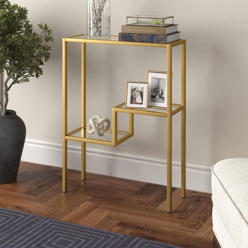 MeyerN'Cross Entryway Glass Table 22" Brass Rectangular Metal Frame Modern Gold - Picture 9 of 9