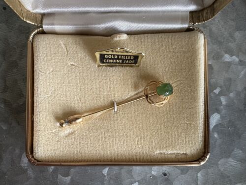 Vintage Gold Filled Genuine Jade Tie Pin, Jewels By Dangal - Picture 2 of 2