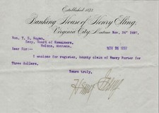 1897 Billhead Banking house of Henry Elling Bounty Claim, Virginia City MT