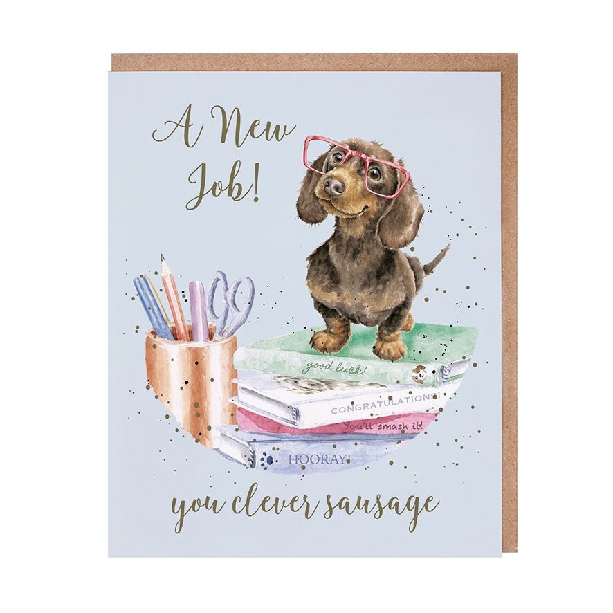 Wrendale Cute Dachshund Dog New Job Card – Clever Sausage Greeting Card