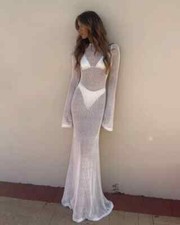 Vestito Abito Elegante Lungo Elegante Bianco Traforato Rete Trasparente 66685