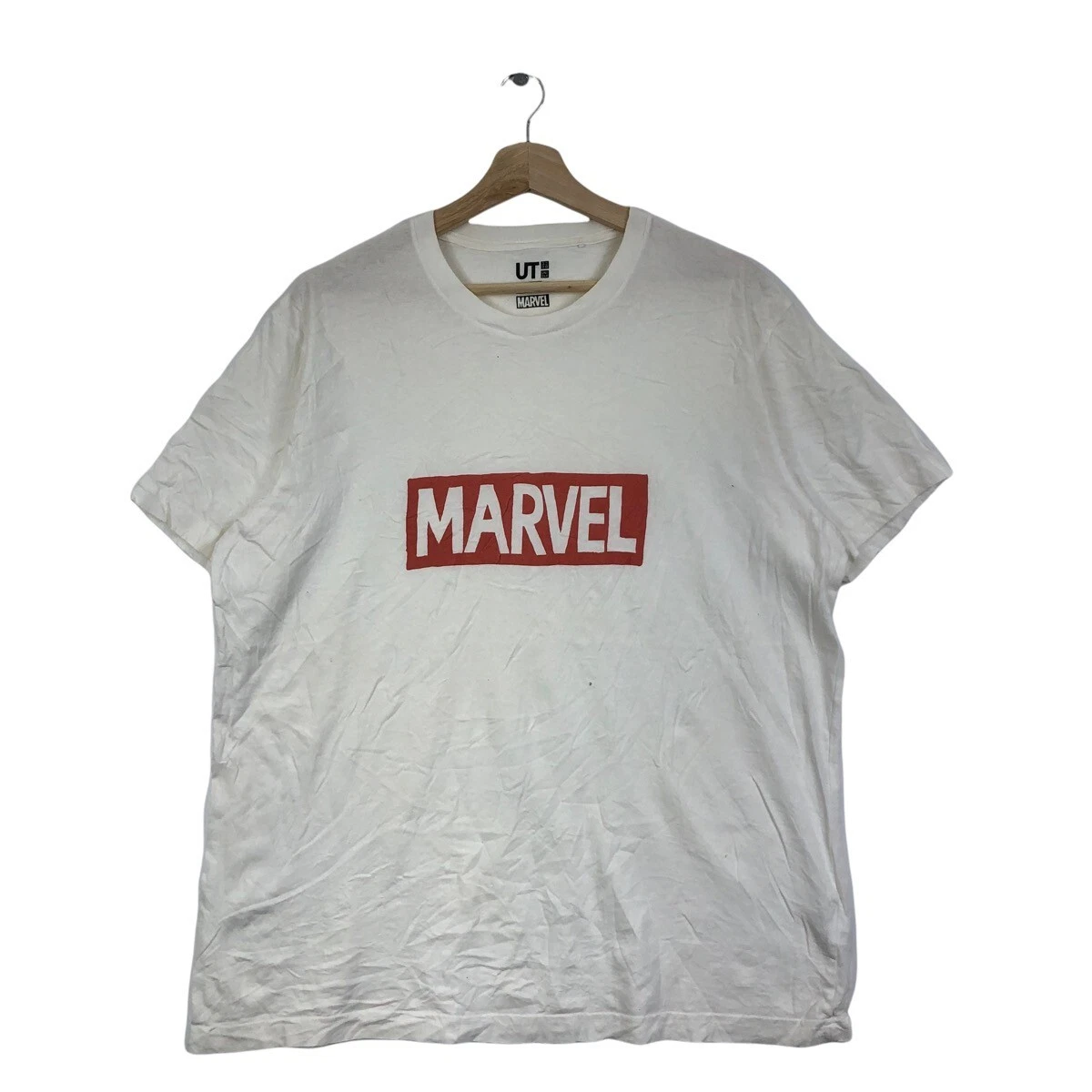 Vtg UNIQLO JAPAN MARVEL Box Logo Tee Shirt Superhero Universe MCU Film Movie