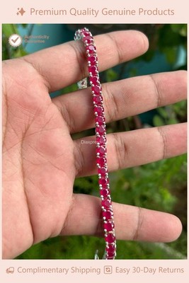 For Engagement Gift Tennis Bracelet Oval Natural Ruby & Diamond 14k White Gold
