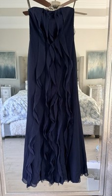 White by Vera Wang Navy Strapless Chiffon Ruffle A-Line Long Dress Size 2