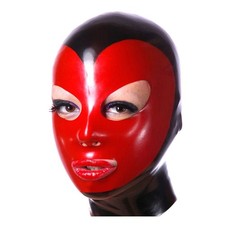 Black Latex Hood with Red Face Back Zip Rubber Mask Open Mouth and Eyes 0.4mm
