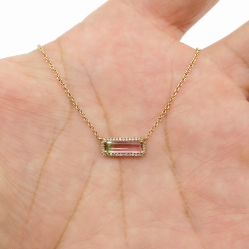 Wonderful 14k Rose Gold Natural Watermelon Tourmaline Diamond HALO Necklace 18" - Picture 3 of 6