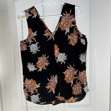 Daniel Rainn Black Orange White Floral Pleated Chiffon V-Neck Blouse m