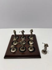 VINTAGE MINIATURE 11 PIECE TIC TAC TOE PEWTER SET GOLFERS, BALLS WOODEN BASE