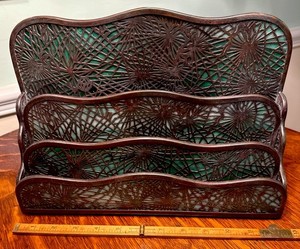 ANTIQUE TIFFANY STUDIOS NY#1007 PINE NEEDLE TRIPLE PAPERRACK:GREEN FAVRILE GLASS