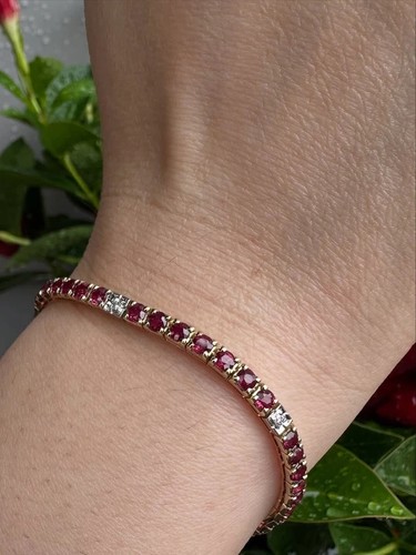 10Ct Round Cut Natural Red Ruby & Diamond Tennis Bracelet 14K Real Yellow Gold - Picture 2 of 9