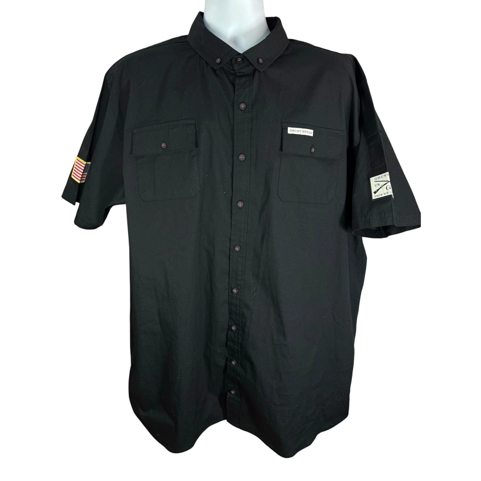 Grunt Style Mens Black Button Up Shirt Size 2XL Patches USA Flag