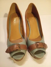 Nine West Women’s Size 5M Peep Toe Platform Heels Blue Brown Buckle Retro