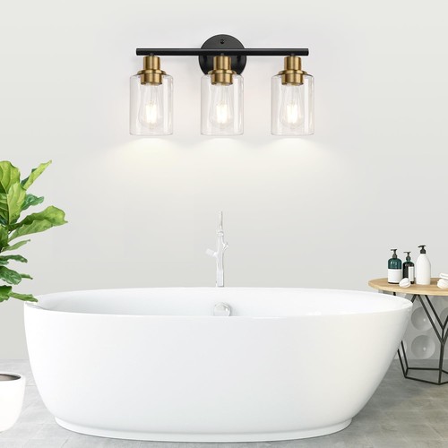 3 Light Bathroom Light Fixtures Black and Gold Bathroom Wall Lights Modern Bathr - Picture 8 of 8