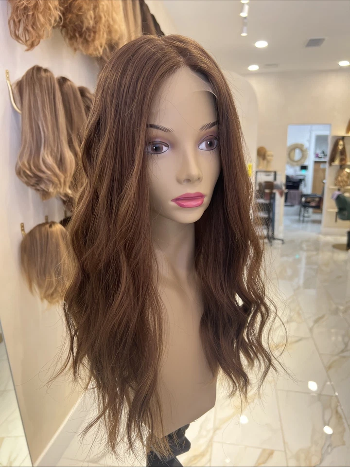 Pelucas Yaffa cabello humano peluca lista para usar marrón claro castaño rojizo Foto 3 de 4