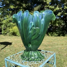 Vintage MCM Royal Haeger R879 Acanthus Blue Green Vase 10.5 Inches Tall