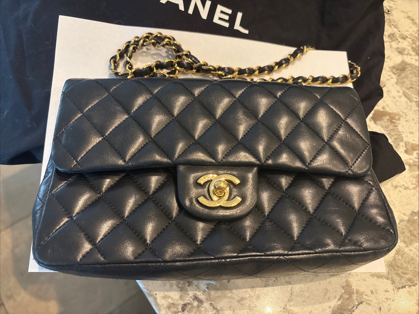 Authenticated CHANEL Classic Double Flap 24KGold Shoulder Bag Med.Black Lambskin image 9