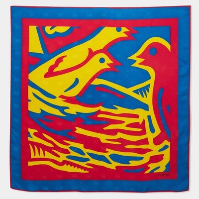 Lanvin Vintage Multicolor Abstract Bird Print Silk Satin Scarf