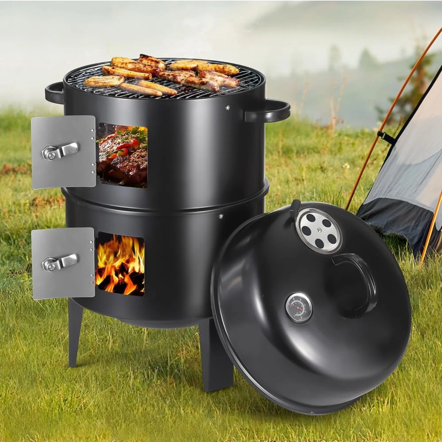 Versatile 17 Inch Vertical Charcoal Smoker with Dual Access Doors & Thermometer