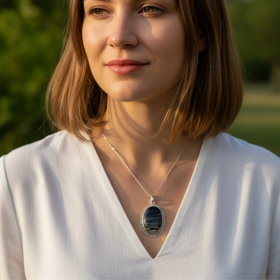 Natural Black Agate Silver Pendant | Handmade Oval Necklace with Free Chain - Image 2 of 4
