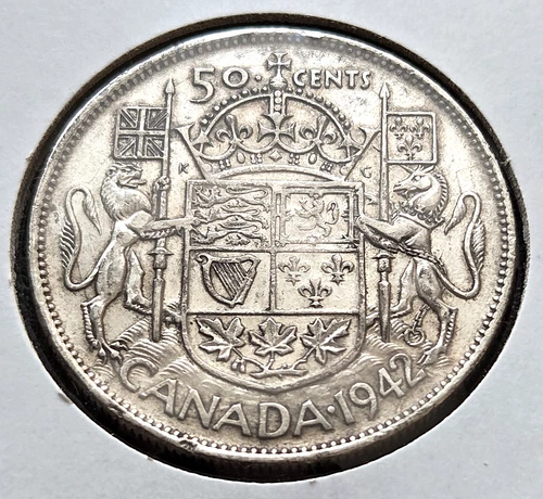 1942 Canada Silver 50-Cent Half Dollar - 80% Silver Coin