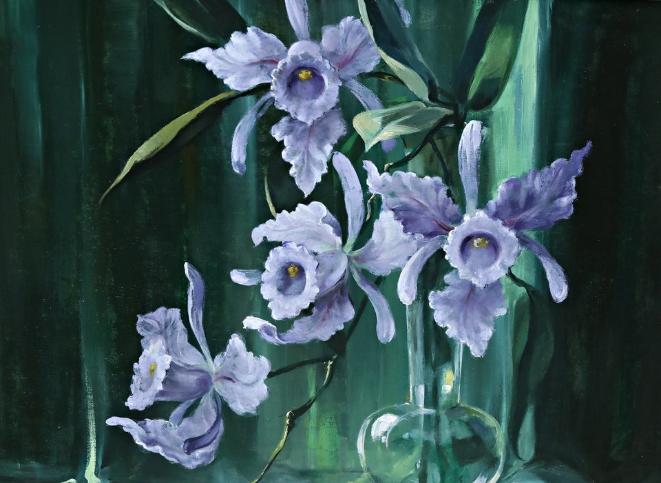 Still Life With Violet Orchids IN Glass Vase – Oil on Wood – Signed ...