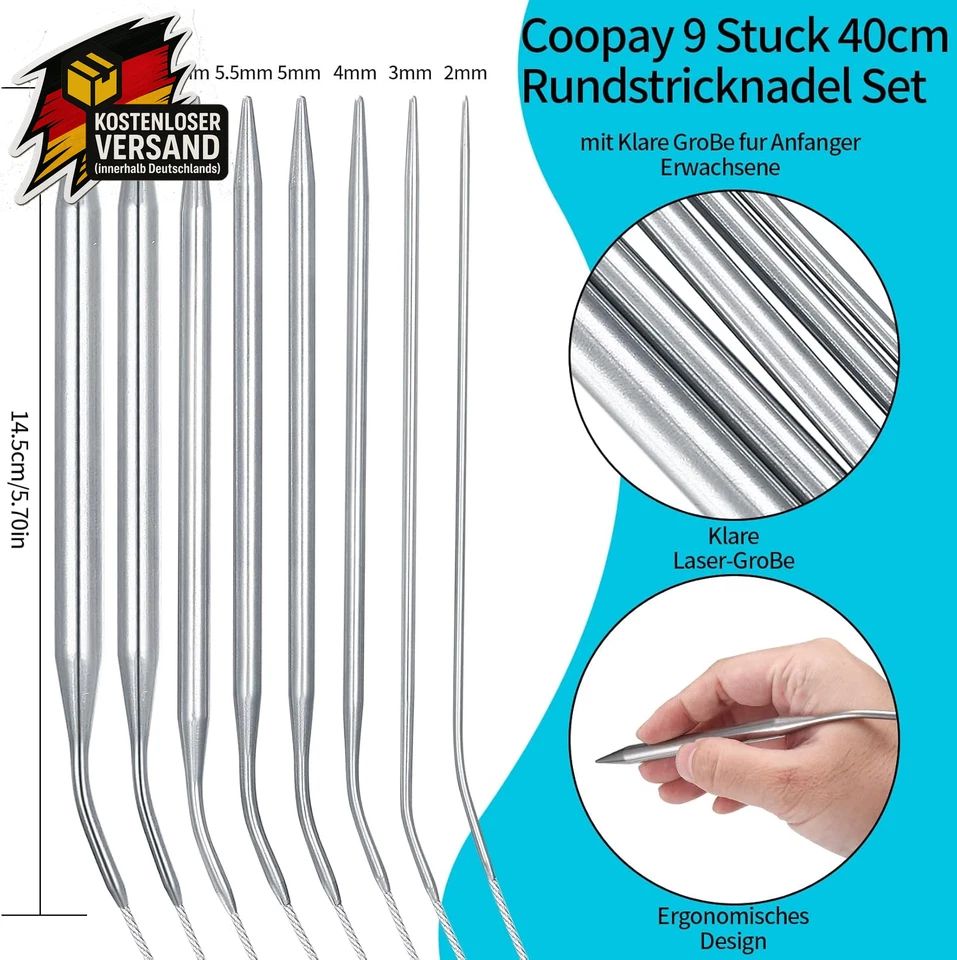 8 Stück Rundstricknadeln Set, Edelstahl 40Cm Lang Stricknadeln Metall Profession - Bild 2 von 4