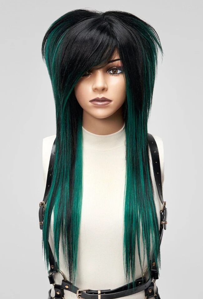 Peluca Emo Negra Verde Larga, Peluca Escena Alternativa, Peluca Peluda en Capas Golpes Laterales Foto 2 de 4