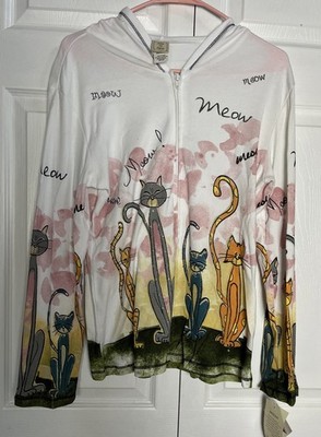 Jess & Jane Meow Meow Cat Kitten Full Zip Hoodie Kitty Lover Rhinestones Sz.M