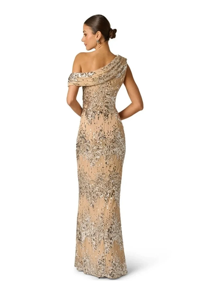 Talla 10 Nuevo Con Etiquetas Vestido Adrianna Papell Drapeado Lentejuelas Un Hombro Vestido Desnudo/Plateado
