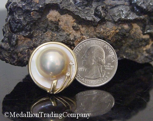 14k Yellow Gold 24mm Floral Diamond Blister Mabe Pearl Omega Back Earrings EA - Picture 4 of 4