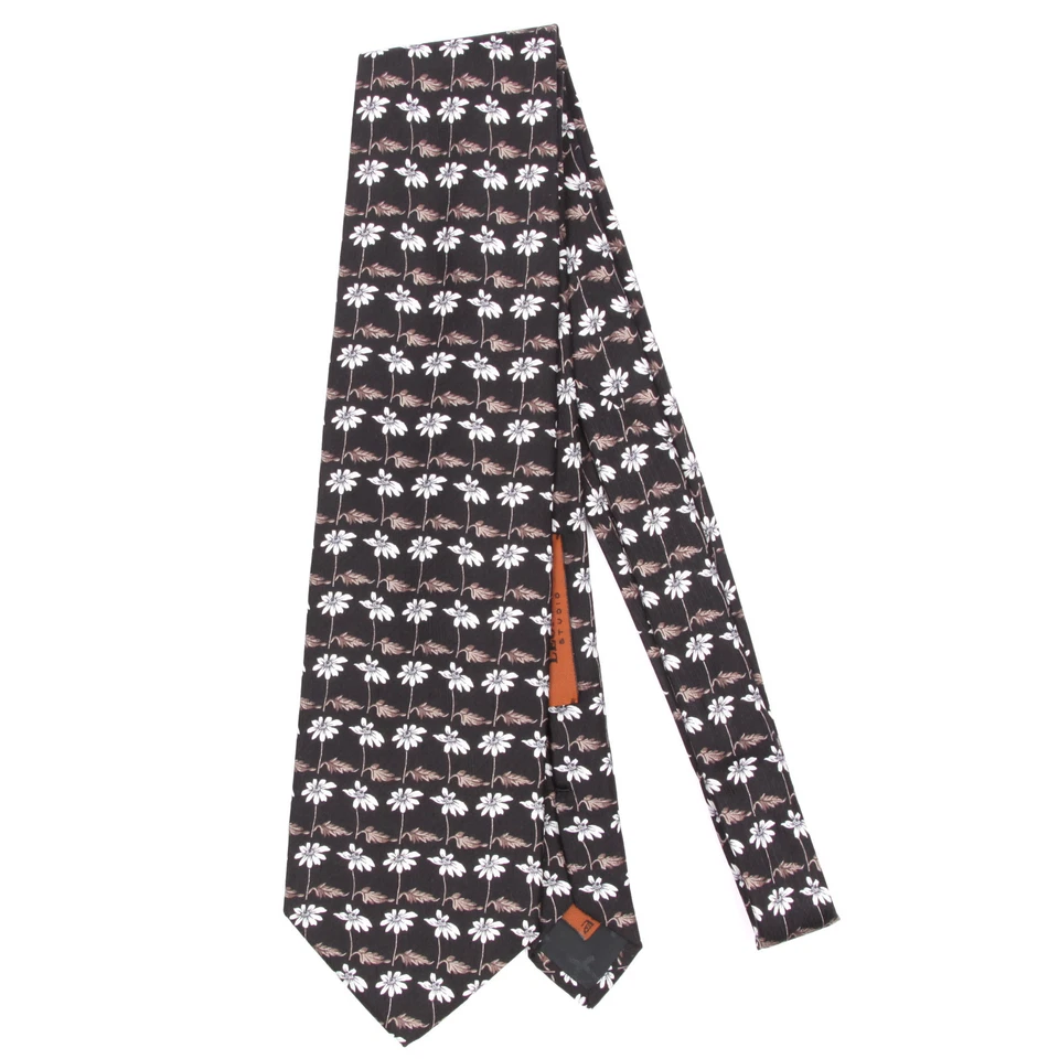 LEONARD STUDIO Floral Daisy Print on Black Sleek Silk Neck Tie - Image 3 of 4