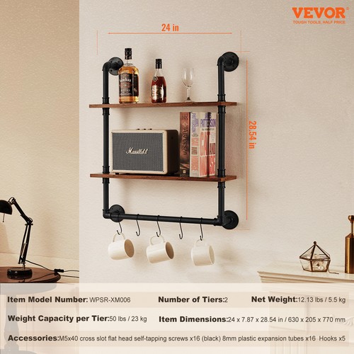 VEVOR Schweberegal Industrielle Rohrregal Wandregal Regalrohre 2 Ebenen 61x20cm - Bild 7 von 12