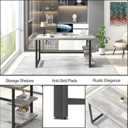Computer Desk, Modern Home Office Desk with Shelves, Wood 53 inch Light Grey - Picture 7 of 7