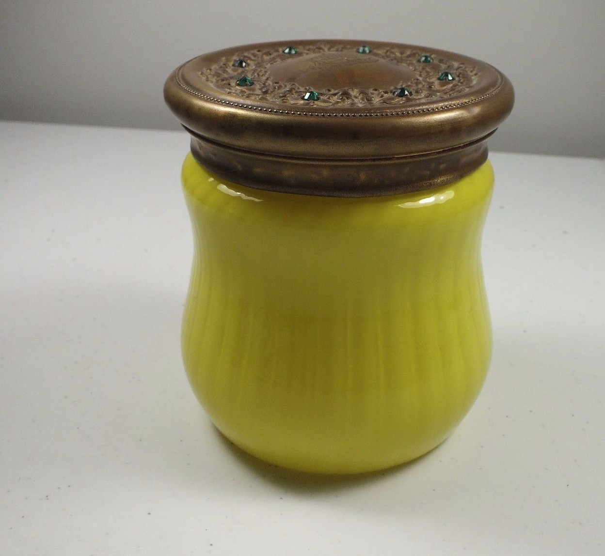 Victorian Yellow Glass Dresser Jar W Applied Flower & Brass Lid W